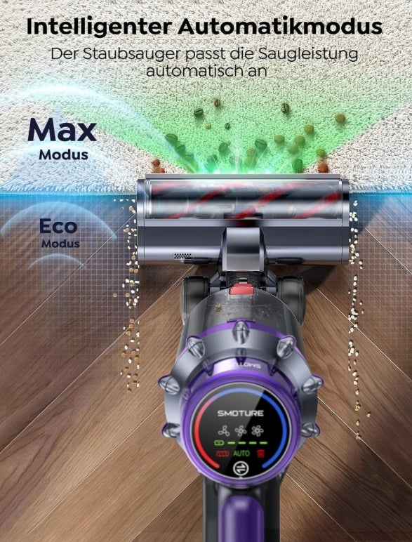 SMOTURE Akku Staubsauger 50.000 Pa 65 Min Laufzeit mit Mini-Turbinendüse, Anti-Tangle-Staubsauger Kabellos mit Touchscreen & Automodus für Tierhaare/Teppiche/Hartböden/Auto, VAC02–Verbesserte Version 