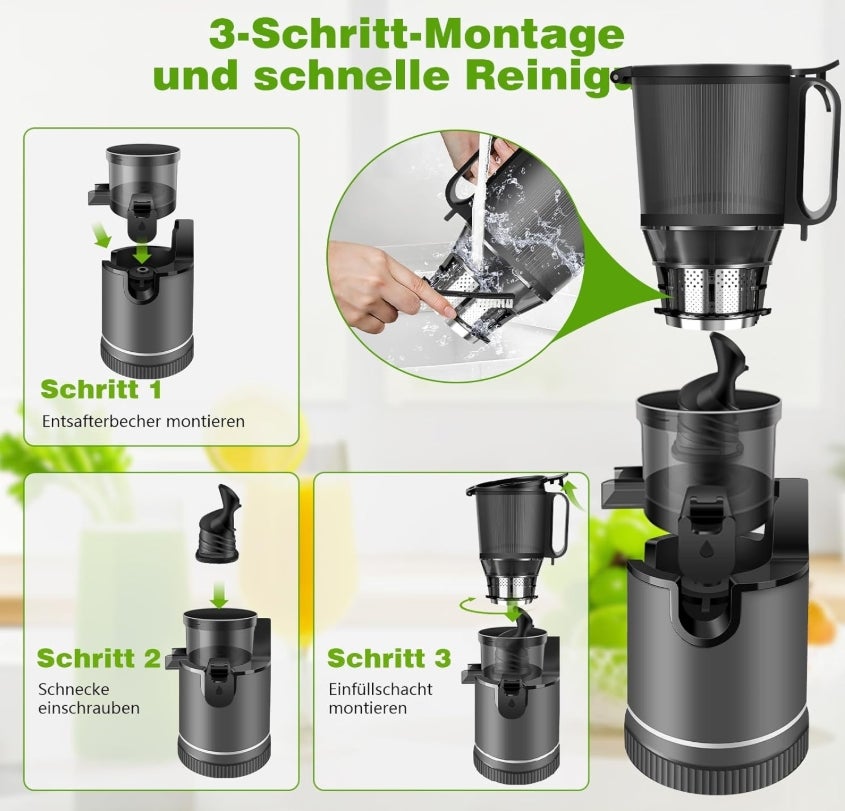 Entsafter – Slow Juicer mit 147 mm XL-Einfüllschacht & 400 W Motor, Hohe Saftausbeute und Nährstofferhalt, 1,8 L Kapazität inkl. 2 Gläser, BPA-frei, Für ganzes Obst & Gemüse (Titanium Grau) 