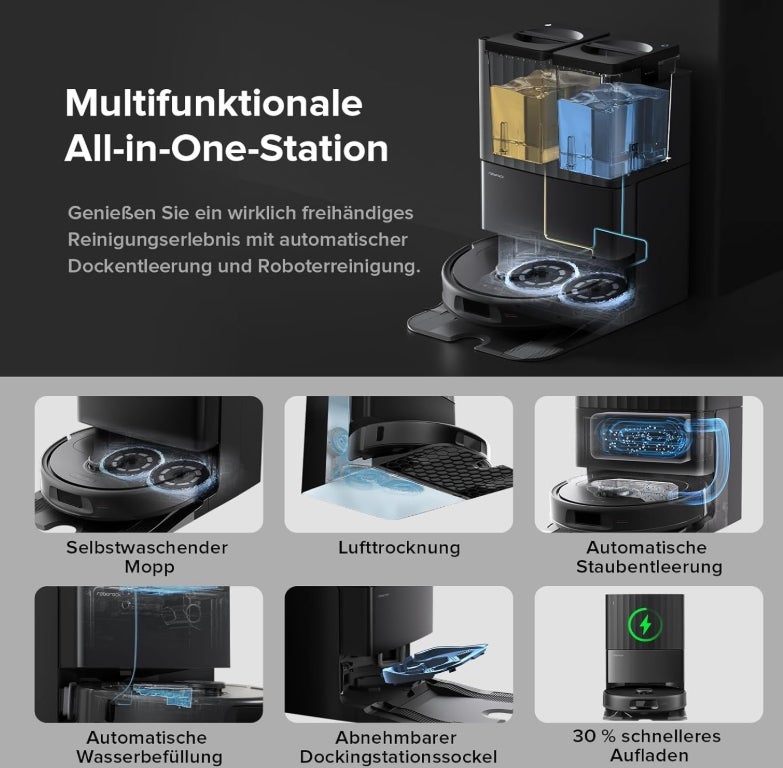 Roborock Qrevo Serie Saugroboter mit Wischfunktion&Hebarem Wischmopp, 8000Pa Saugkraft(verbessert von Qrevo S), Anti-Verfilzungs-Seitenbürste, Hindernisvermeidung, All-in-One Dock, Schwarz(QV 35A) 