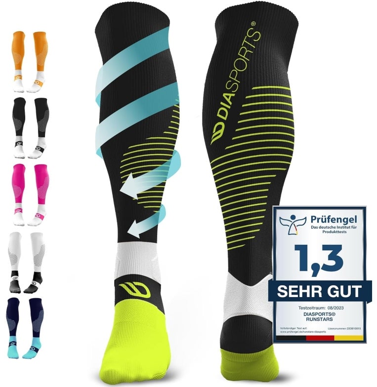 RUNSTARS Kompressionssocken für Sport, Laufen, Marathon und Triathlon I Premium Laufsocken mit gleichmäßiger Kompression und verstärkter Ferse I Kompressionsstrümpfe Herren & Damen 