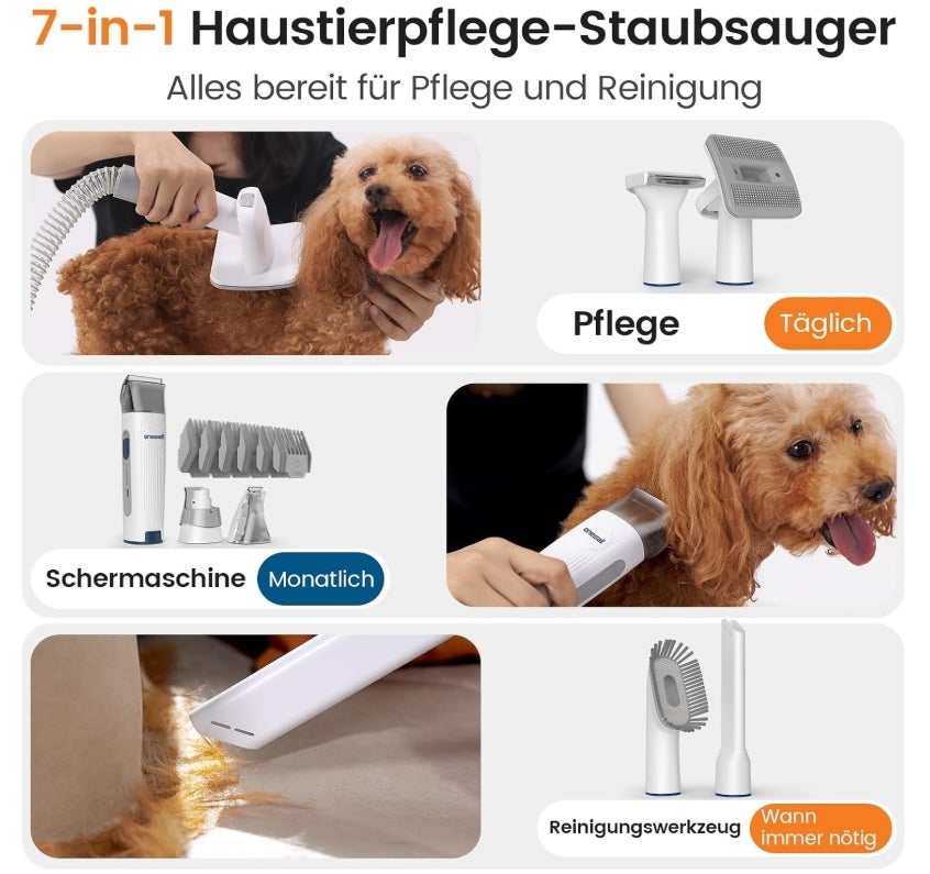 oneisall Hundeschermaschine mit Staubsauger, Super Saugkraft mit 12000 Pa Saugt 99.99% der Tierhaare, Leise Schermaschine Hund Katze Hundehaarschneidemaschine mit 7 Pflegewerkzeugen 