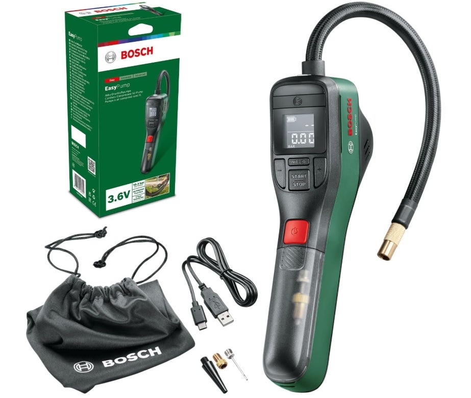 Bosch elektrische Fahrradpumpe/Luftpumpe/Mini Kompressor EasyPump (3,0 Ah Akku, 3,6 Volt, Autostop-Funktion, 150 PSI, 10,3 bar, LED, über USB-C® wiederaufladbar, im Karton) 