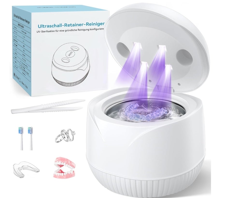Ultraschallreinigungsgerät 45000Hz UV Ultraschallreiniger 200ML Dental Pod - Ultrasonic Cleaner für Zahnersatz, Retainer, Aligner Zahnschiene, Prothesen, Schmuck mit digitalem Timer 