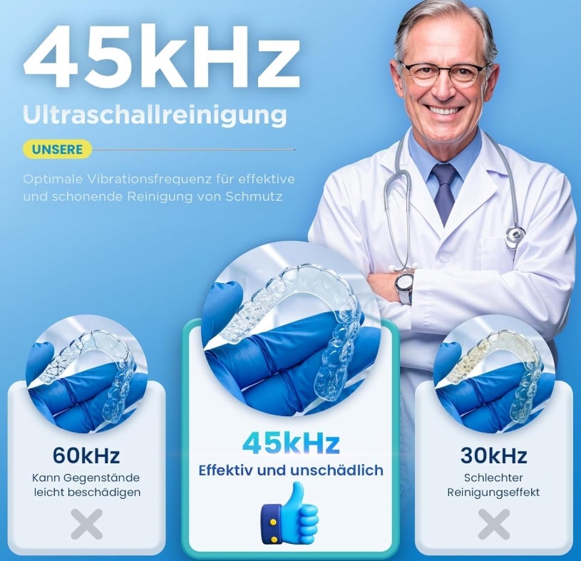 Ultraschallreinigungsgerät 45000Hz UV Ultraschallreiniger 200ML Dental Pod - Ultrasonic Cleaner für Zahnersatz, Retainer, Aligner Zahnschiene, Prothesen, Schmuck mit digitalem Timer 