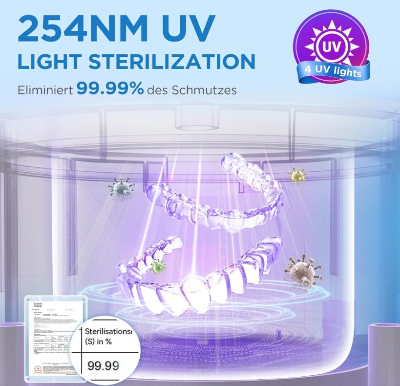 Ultraschallreinigungsgerät 45000Hz UV Ultraschallreiniger 200ML Dental Pod - Ultrasonic Cleaner für Zahnersatz, Retainer, Aligner Zahnschiene, Prothesen, Schmuck mit digitalem Timer 