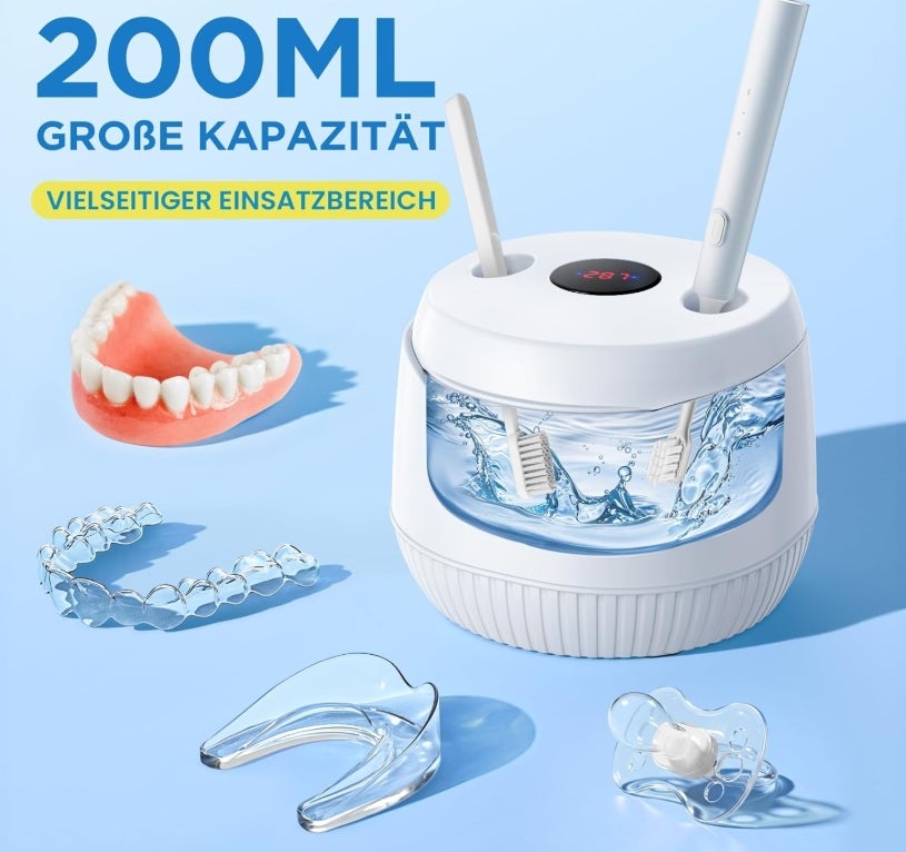 Ultraschallreinigungsgerät 45000Hz UV Ultraschallreiniger 200ML Dental Pod - Ultrasonic Cleaner für Zahnersatz, Retainer, Aligner Zahnschiene, Prothesen, Schmuck mit digitalem Timer 