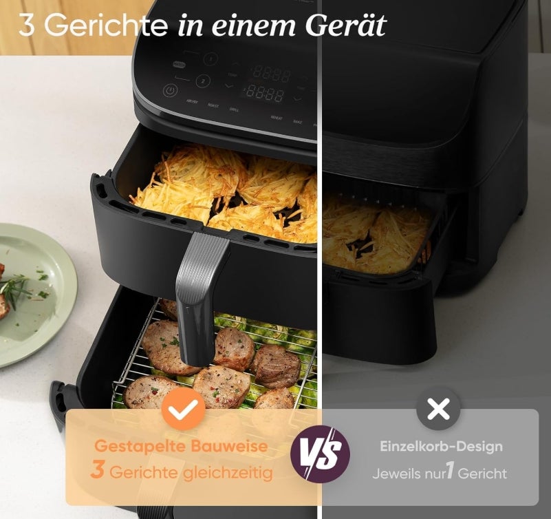 COSORI Airfryer, Heißluftfritteuse 2 Kammern, 10,8 L Heissluftfritteuse, Innovative Mehrfach-Luftgeschwindigkeit, Spart 41 Prozent Platz, Inklusive Rezeptbuch und Edelstahl-Rost, Silbergrau 