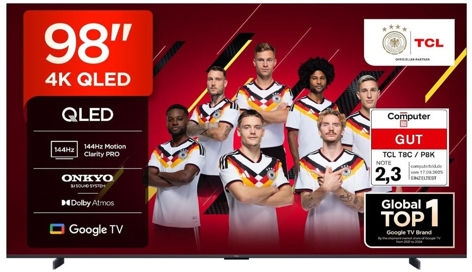 TCL 98T8C 98 Zoll QLED 4K HDR Ultra HD Fernseher, Smart TV mithilfe von Google TV (Dolby Vision Atmos, 144Hz Motion Clarity Pro, Game Bar, ALLM, FreeSync, Onkyo 2.1 Sound,Sprachsteuerung) 
