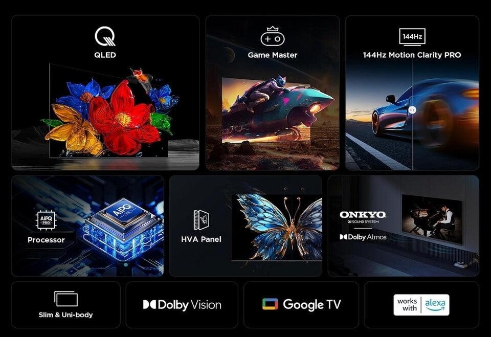 TCL 98T8C 98 Zoll QLED 4K HDR Ultra HD Fernseher, Smart TV mithilfe von Google TV (Dolby Vision Atmos, 144Hz Motion Clarity Pro, Game Bar, ALLM, FreeSync, Onkyo 2.1 Sound,Sprachsteuerung) 