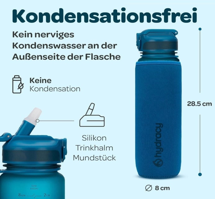 Hydracy Trinkflasche mit Strohhalm und Zeitmarkierung - 1L Wasserflasche - BPA-freie Trinkflasche - Auslaufsichere Sportflasche - Kondensationsfrei für Sport und Outdoor 