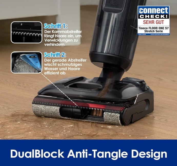 Tineco Floor ONE S7 Stretch Ultra Nass Trockensauger, 180° Lay-Flat Nasssauger, 85°C 5 Min Flashdry-Selbstreinige, 50 Min Laufzeit, DualBlock Anti-Tangle, Beide Kantenreinigen, Reinigen unter Möbeln 