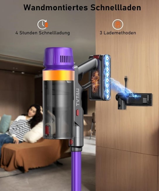 Akku Staubsauger Kabellos für Tierhaare, 1,8L mit Display, 55000Pa/620W/75Min Akkusauger, Selbststehender Stielstaubsauger mit Anti-Tangle-Bürste & Wandladestation, für Teppiche/Hartböden/Auto 