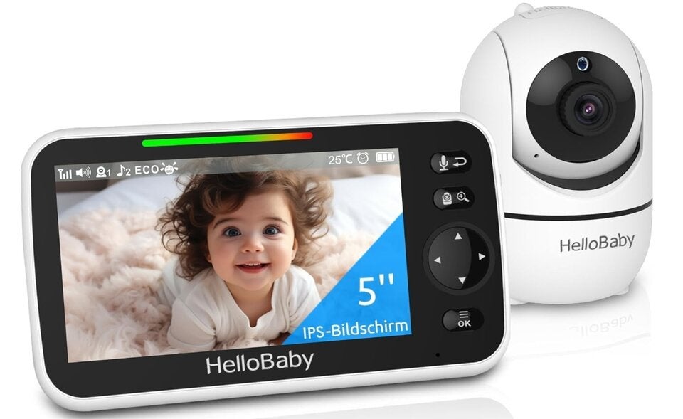 HelloBaby Babyphone mit Kamera, 3500 mAh 5 Zoll Bildschirm, Kabelgebundene Kamera, 355° Schwenken-120° Neige-Zoomen, Babyfone ohne WLAN, 2 Wege Audio, Temperatur, 8 Schlaflieder, Nachtsicht, HB6550 
