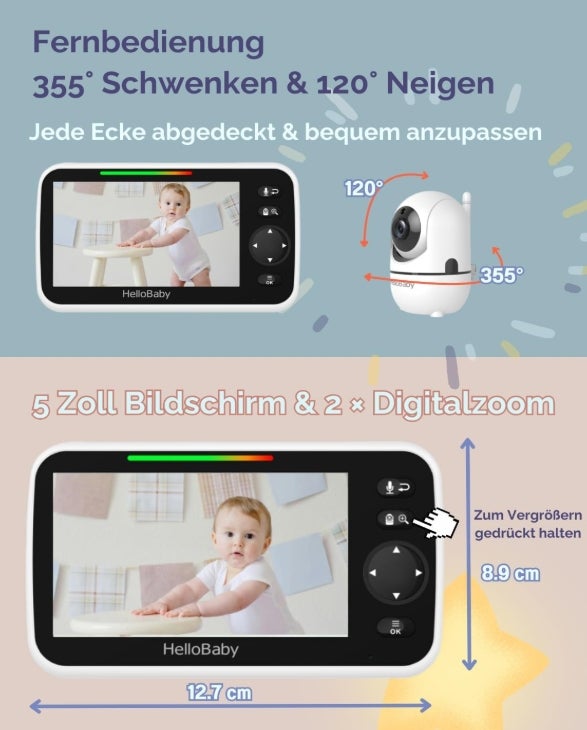 HelloBaby Babyphone mit Kamera, 3500 mAh 5 Zoll Bildschirm, Kabelgebundene Kamera, 355° Schwenken-120° Neige-Zoomen, Babyfone ohne WLAN, 2 Wege Audio, Temperatur, 8 Schlaflieder, Nachtsicht, HB6550 
