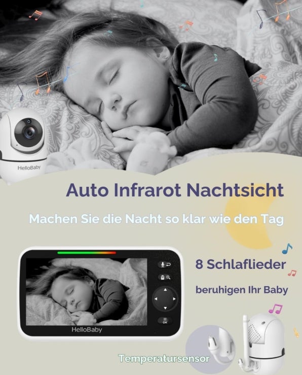 HelloBaby Babyphone mit Kamera, 3500 mAh 5 Zoll Bildschirm, Kabelgebundene Kamera, 355° Schwenken-120° Neige-Zoomen, Babyfone ohne WLAN, 2 Wege Audio, Temperatur, 8 Schlaflieder, Nachtsicht, HB6550 