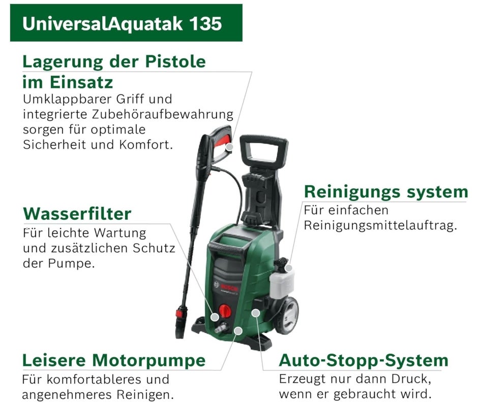 Bosch Home and Garden Bosch Hochdruckreiniger UniversalAquatak 135 (3-in-1-Düse, Schaumdüse, transparenter Wasserfilter, Hochdruckpistole, 7 m Schlauch, 5 m Kabel, 1900 Watt 