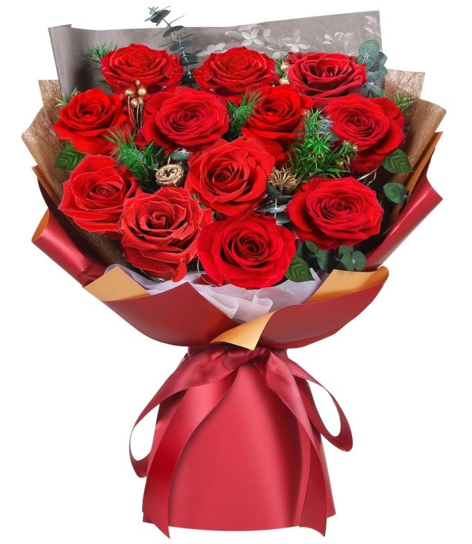 ADDWel Ewiger Rosenstrauß (12/24 Rote Rosen) - Echte Konservierte Blumen, Romantisches Valentinstagsgeschenk für Frau & Freundin 