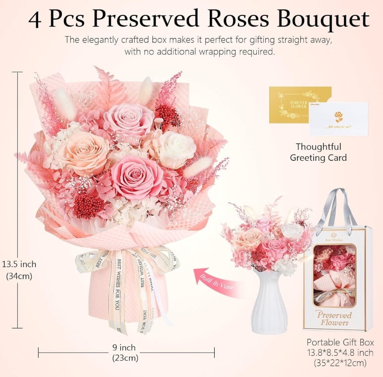Ewige Rosen Blume Strauß mit Vase-Rosa, Infinity Konservierte Echt Flower, Rosestrauß in Geschenkbox 
