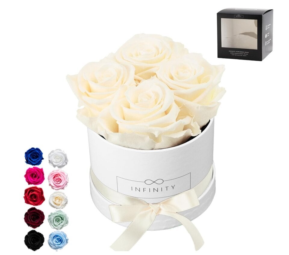 Flowerbox - 4 Infinity Rosen in Rosenbox (3 Jahre haltbare konservierte Ewige Blume) 