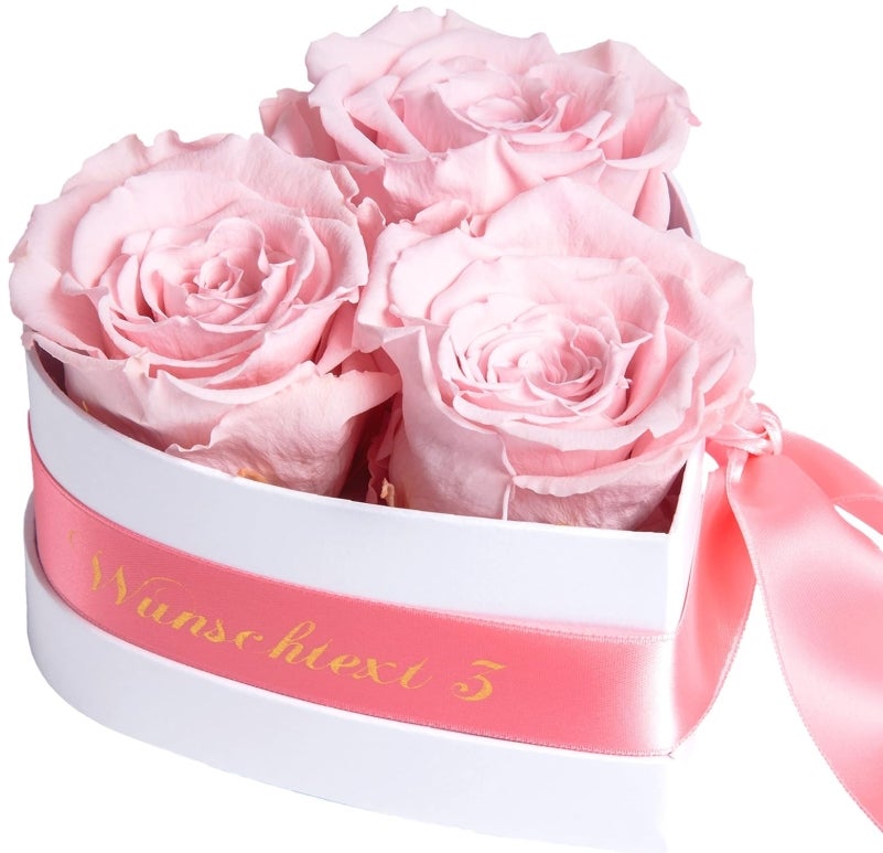 Infinity Rosenbox Herz personalisiert - 3 ewige Rosen rosa in Box 10x12cm haltbar 3 Jahre 