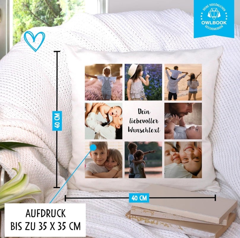 OWLBOOK® Personalisiertes Kissen mit Foto Bedrucken Lassen - Fotokissen mit 8 Fotos & Text selbst gestalten 
