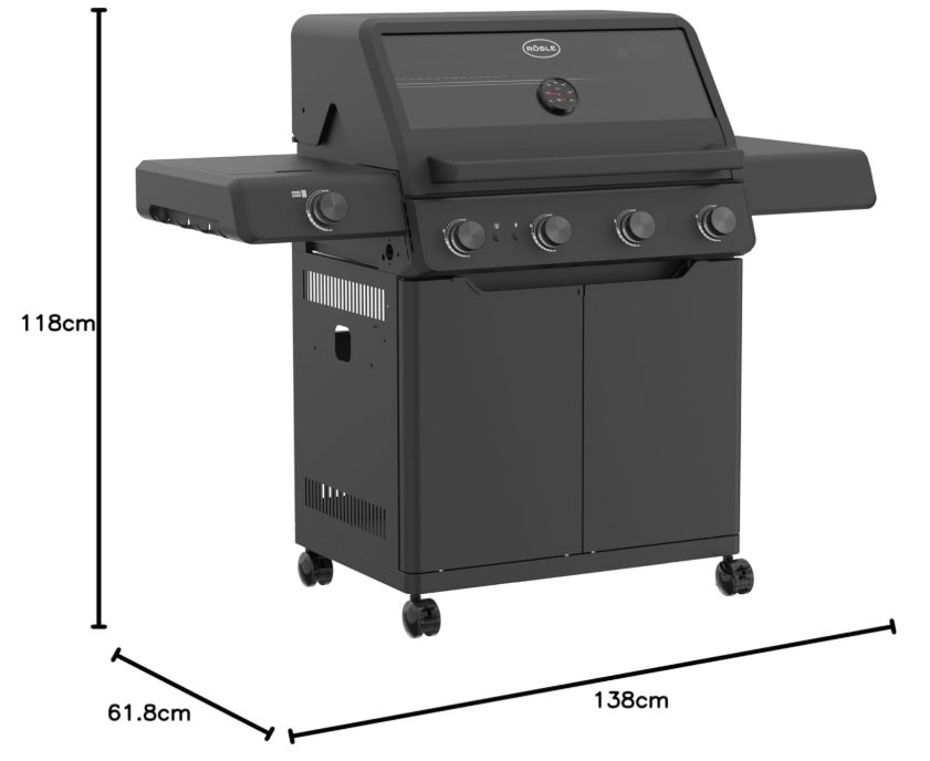 RÖSLE Gasgrill ALLFLAME Prime 4 – 4 Brenner (je 3,5 kW), PRIMEZONE, Vario+ Grillrostsystem, 70x45 cm Grillfläche, Gusseisenroste, Alu-Druckguss, Deckel mit Glaseinsatz, beleuchtete Drehknöpfe, schwarz 