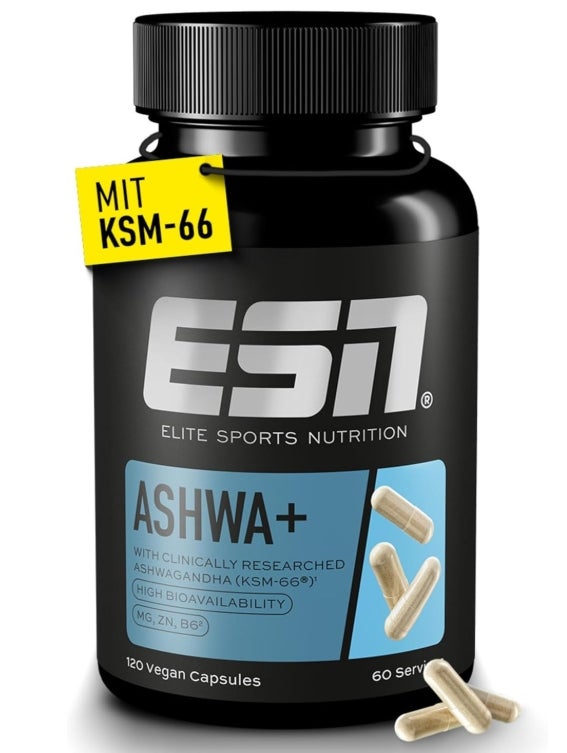 ESN Ashwa +, Ashwagandha hochdosiert, patentiertes KSM 66®, 120 Kapseln, mit Magnesium, Vitamin B6 & Zink - made in Germany&nbsp;