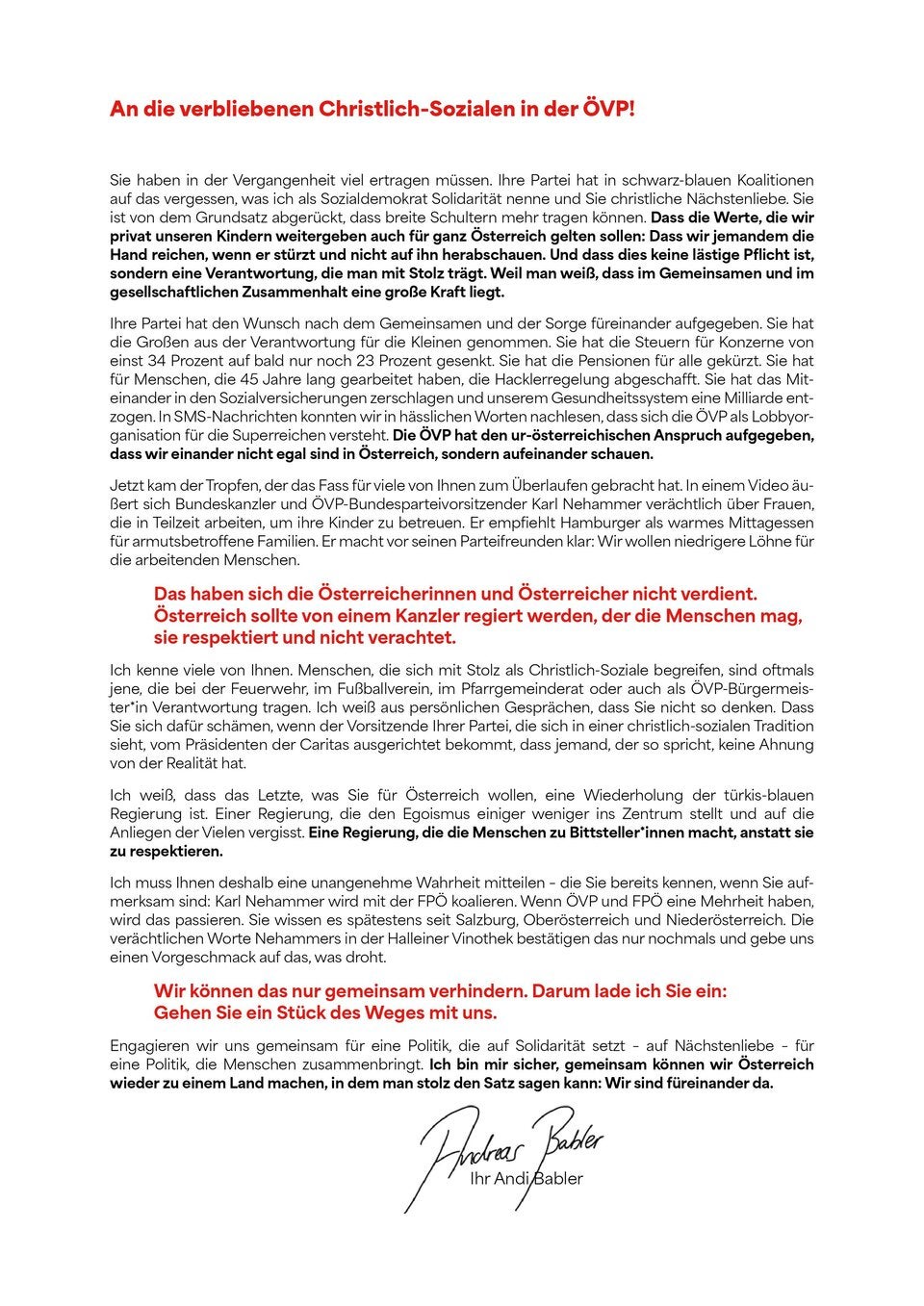 Brief von SPÖ-Chef Babler an Christlich-Soziale in der ÖVP