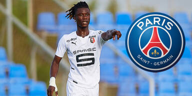 Eduardo Camavinga (Stades Rennes) mit dem Verinslogo von Paris Saint-Germain