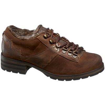 Braune, fellgefütterte Winterschnürer mit Bergsteigerschnürung und Blockabsatz