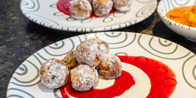 Birnenknödel mit Himbeermark & Sauerrahm