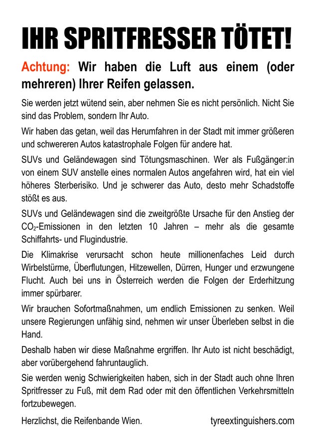 Klima-Aktivisten ließen in Wien Luft aus Reifen von SUVs