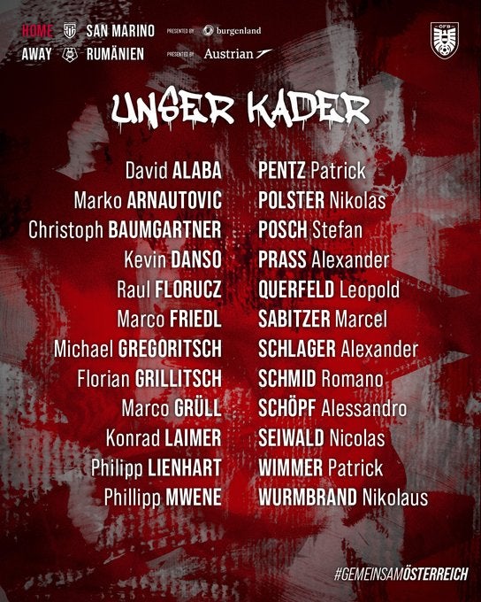 ÖFB-Kader für die WM-Quali-Spiele gegen San Marino und Rumänien
