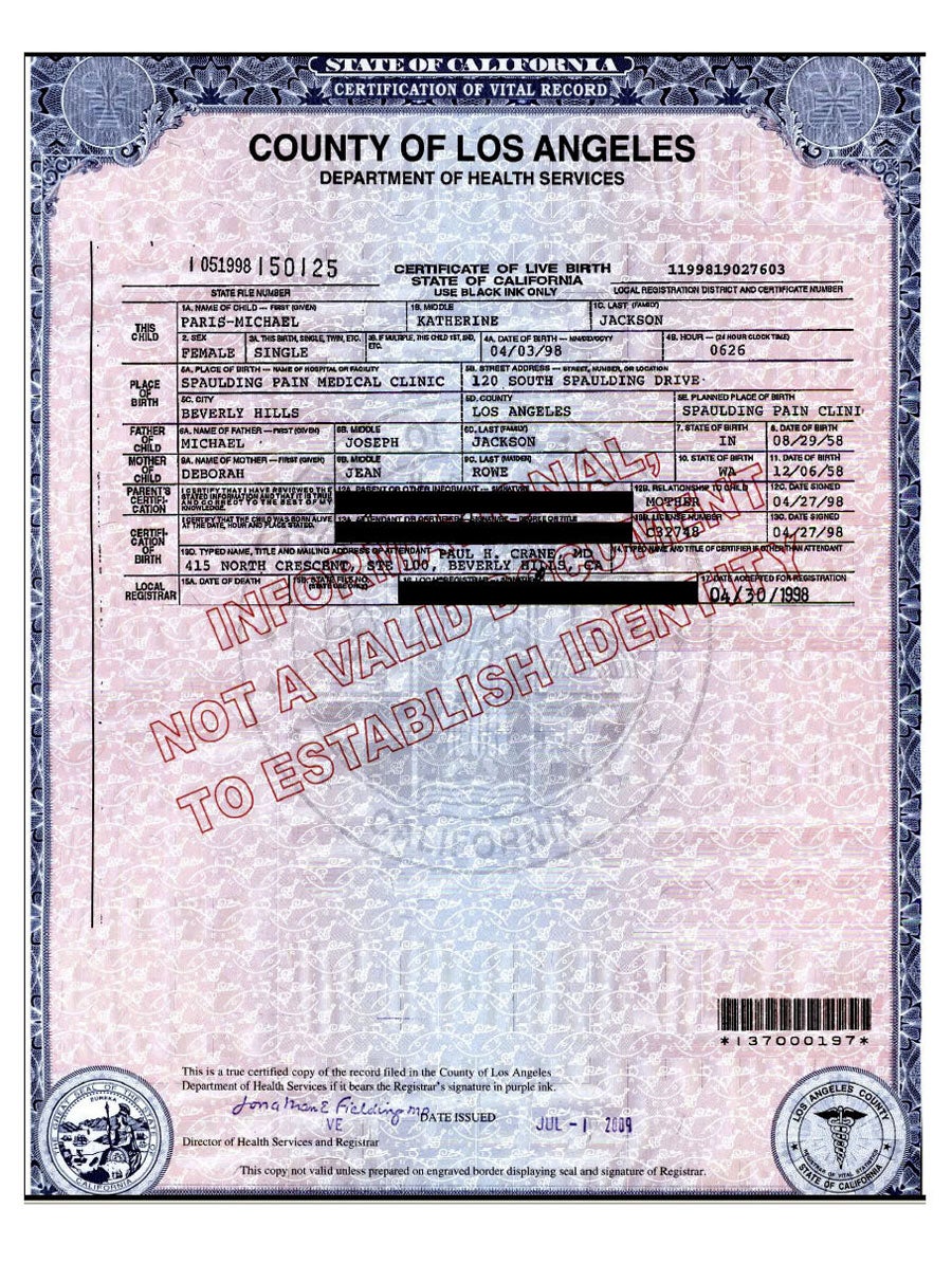 Geburtsurkunde Paris Katherine jackson