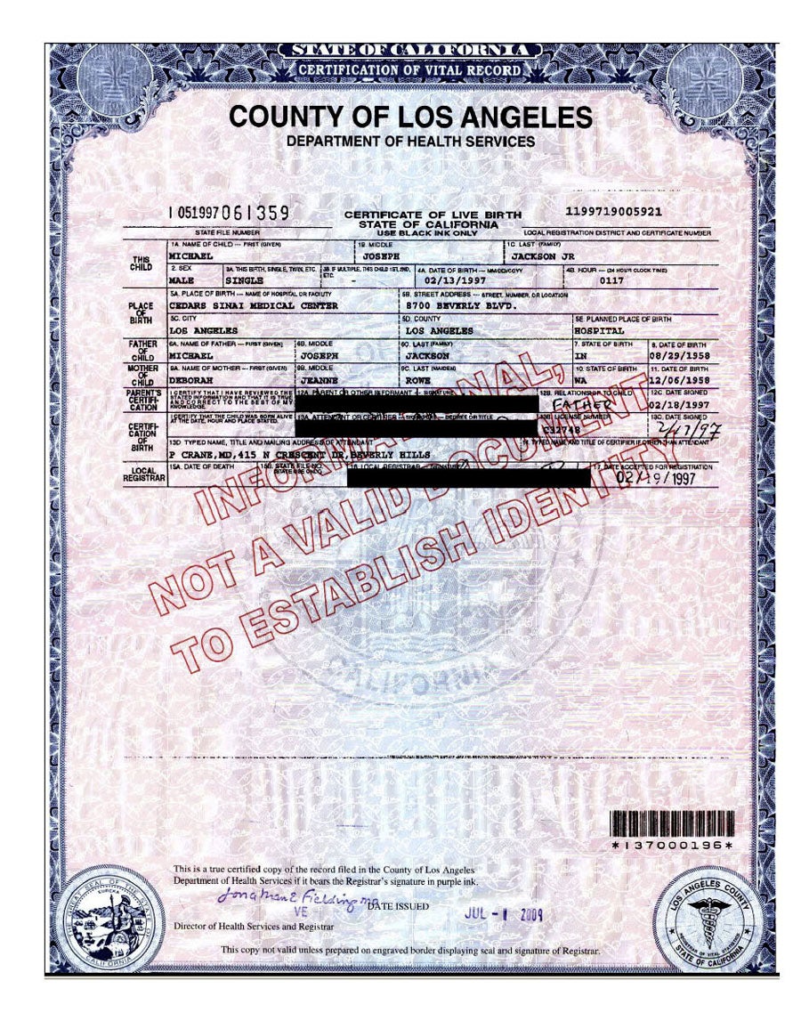 Geburtsurkunde Prince Michael Jackson
