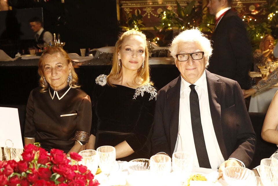 Miuccia Prada, Uma Thurman and Patrizio Bertelli