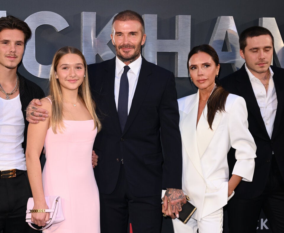 David und Victoria Beckham mit ihren Söhnen Brooklyn und Romeo und Tochter Harper