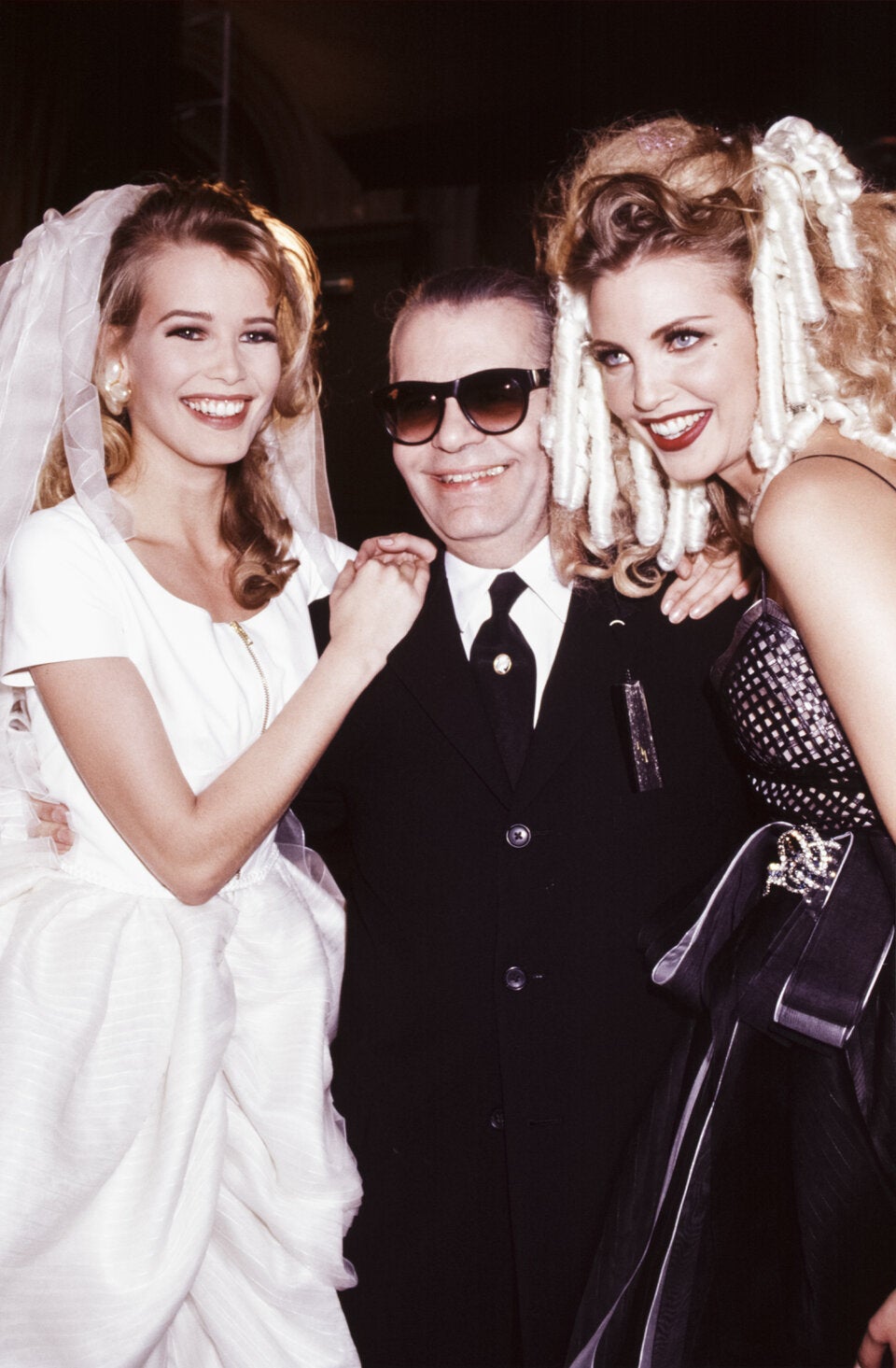 Auermann zählt zu den 90er-Supermodels (hier mit Claudia Schiffer und Karl Lagerfeld).