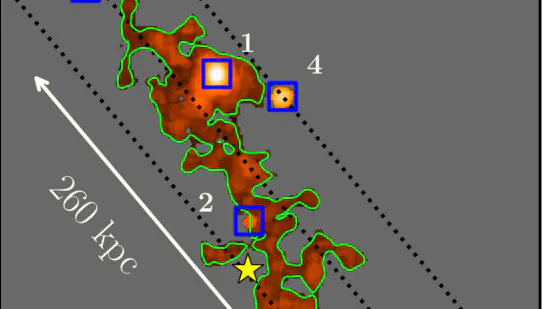 Die sieben Galaxien, die in blauen Kästchen hervorgehoben und mit MUSE entdeckt wurden, zeigen eine auffällige lineare Ausrichtung, was auf eine zugrunde liegende filamentartige Struktur hinweist. Diese Ausrichtung wird bemerkenswert von einem 260 kpc langen Lyman-Alpha-Nebel gespiegelt, der aus dem riesigen Filament hervorgeht. Der gelbe Stern markiert die Position des Hintergrund-Quasars, dessen Licht als Sonde zur Messung der Metallizität des Filaments diente und dessen primordialen Ursprung bestätigte. 