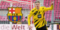 Erling Haaland und Logo des FC Barcelona