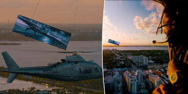 Auf Riesen-Display: Gamer fliegt mit Heli-Formation &uuml;ber Miami und zockt