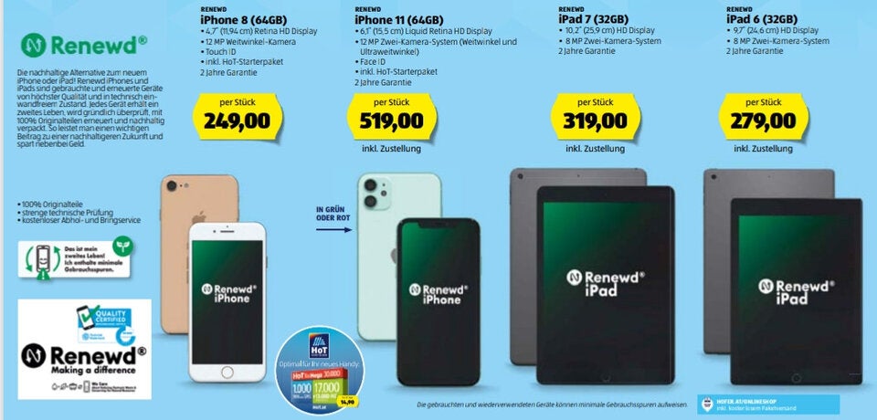 Hofer verkauft aufbereitete iPhones und iPads