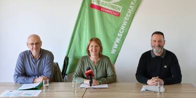 Die Gr&uuml;nen Nieder&ouml;sterreich v.l.n.r.: Schwechater Stadtrat Peter Pinka, Landessprecherin Helga Krismer, Schwechater Gemeinderat Simon Jahn.&nbsp;