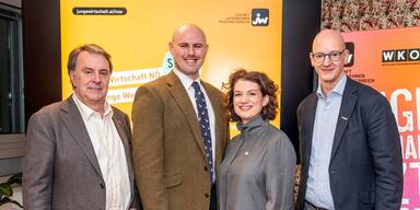 Wechsel an der Spitze der Jungen Wirtschaft N&Ouml; (v.l.): WKN&Ouml;-Pr&auml;sident Wolfgang Ecker, der frisch gew&auml;hlte JW-Landesvorsitzende Patrick Mayer, Vorg&auml;ngerin Katharina Alzinger-Kittel und WKN&Ouml;-Direktor Johannes Schedlbauer.&nbsp;