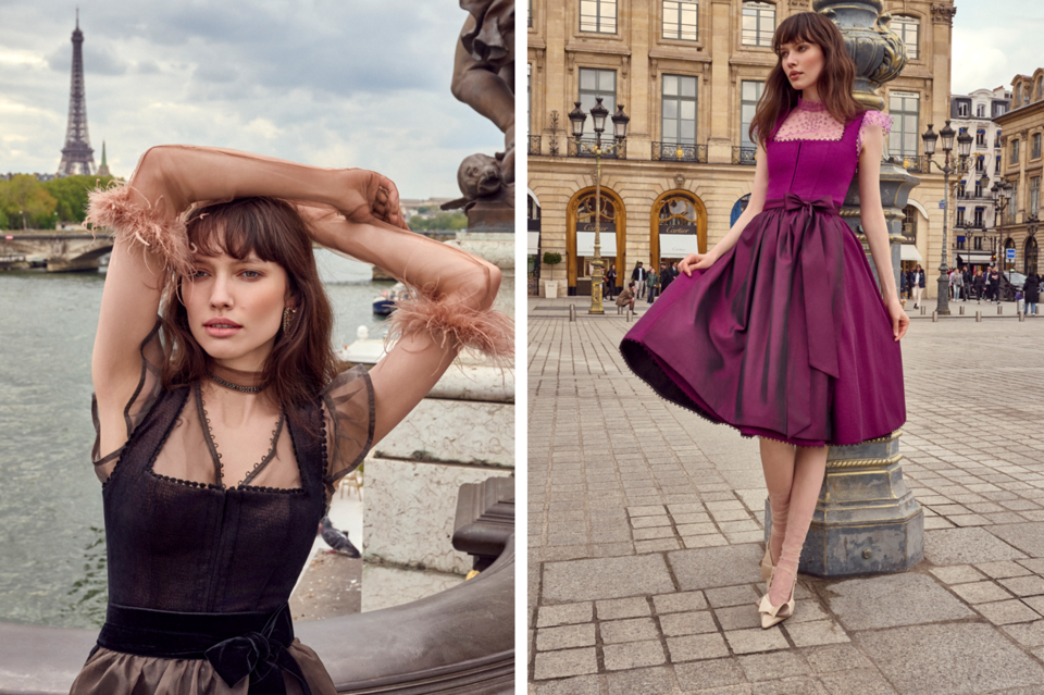 Dieses Jahr setzt Kinga Mathe auf feurige und mondäne Farben, welche die Trägerinnen gekonnt in Szene setzt. Die Farbpalette beinhaltet unverkennbare Aqua-, Grün-, Erd- und Beerentöne.