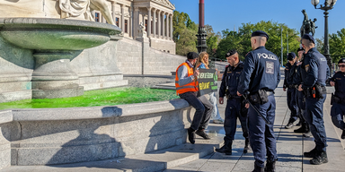 Klima-Kleber färben Brunnen vor Parlament grün