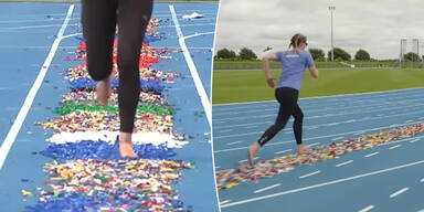 Autsch! Frau sprintet barfu&szlig; 100 Meter &uuml;ber Lego-Steine
