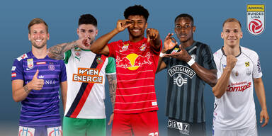 Alexander Grünwald (FK Austria Wien), Taxiarchis Fountas (SK Rapid Wien), Karim Adeyemi (Red Bull Salzburg), Kelvin Yeboah (SK Sturm Graz) und Christoph Monschein (LASK)