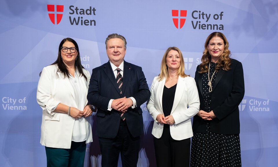  Vizebürgermeisterin Kathrin Gaal (SPÖ), Bürgermeister Michael Ludwig (SPÖ), Vizebürgermeisterin Bettina Emmerling (NEOS) und Stadträtin Barbara Novak (SPÖ).