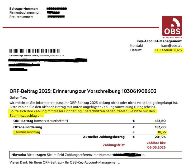 ORF-Beitrag Zahlungsfrist